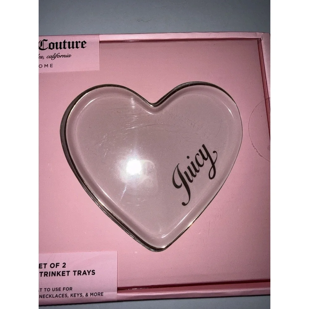 Juicy Couture Heart Trinket Tray Set Pink Jewelry Dish Set of 2 Ceramic NEW